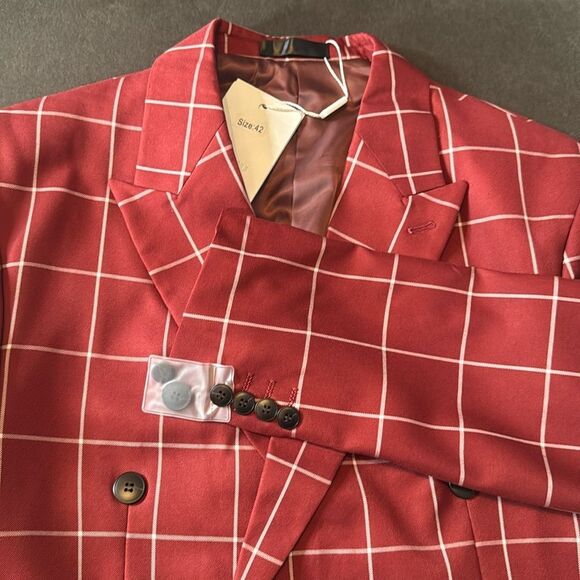 Men’s Check Plaid 3 Piece Suit Double Breasted Peak Lapel 42 Jacket 38 Pants NEW - Picture 9 of 16